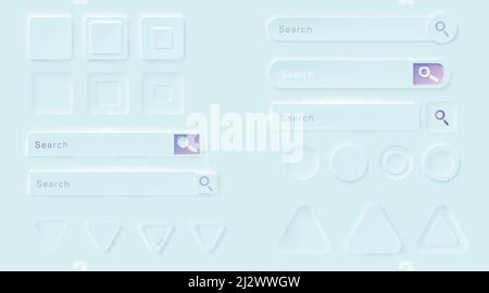 Boutons Neumorphic pour l'application iu. Éléments de conception 3d vectoriels pour l'interface utilisateur, cercle vide, icônes logicielles triangulaires et carrées, formulaires Web et barres de recherche f Illustration de Vecteur