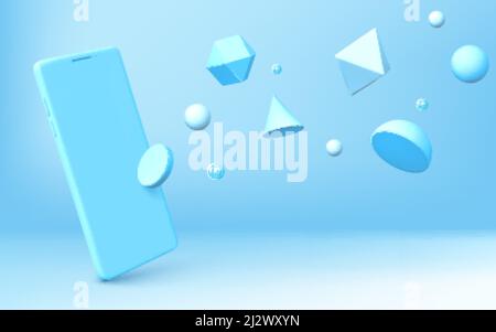 Arrière-plan abstrait avec maquette de smartphone réaliste et formes géométriques 3d dispersées sur fond bleu. Hémisphère, octaèdre, sphère, cône, cylindre Illustration de Vecteur