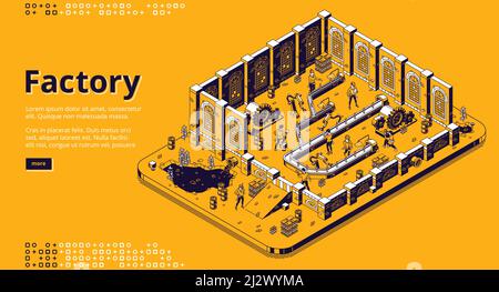Page d'arrivée isométrique d'usine, les gens travaillent sur la ligne d'assemblage, les travailleurs sur le tapis convoyeur avec les bras de cyborgs et la production de bouteilles. Processus d'automatisation, n Illustration de Vecteur