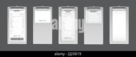Reçu en espèces sur le presse-papiers, facture d'achat, chèque de la somme de vente au détail du supermarché et paiement total du prix de vente du magasin, vide et vide isol Illustration de Vecteur