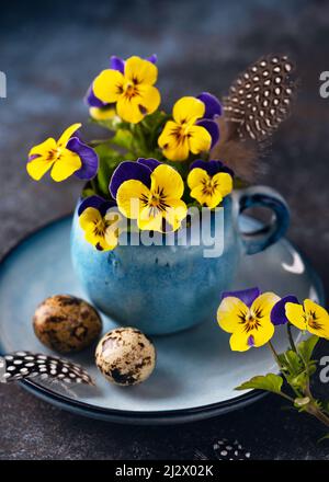 Arrangement floristique créatif avec des fleurs et des plumes de pansy pourpres et jaunes dans une cafetière bleue sur fond rustique foncé. Banque D'Images
