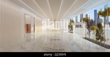 Intérieur d'un hall d'entrée moderne dans un immeuble de bureaux moderne avec comptoir de réception et hall d'attente. 3d maquette de rendu Banque D'Images