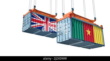 Conteneurs de marchandises avec drapeaux nationaux du Royaume-Uni et du Cameroun. 3D rendu Banque D'Images