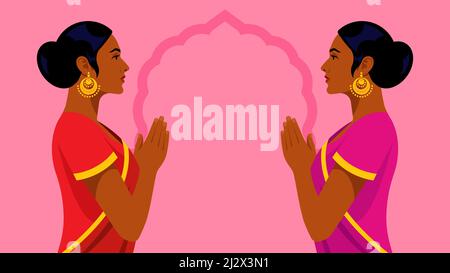 Deux belle femme indienne. Portraits de femmes en sari lumineux. Vue latérale. Illustration vectorielle moderne sur fond blanc. Illustration de Vecteur