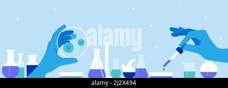 Équipement pour laboratoire chimique. Chercheur tenant une boîte de Petri de laboratoire. Tube à essai, tube à flacons et autre mesure. Illustration du produit chimique o Illustration de Vecteur