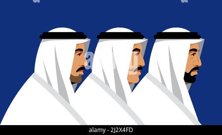 Trois hommes arabes. Portraits de personnes de différents âges : jeunes, expérimentés, âgés. Personnes dans des vêtements nationaux orientaux. Vue latérale. Le monde arabe, moyen Illustration de Vecteur
