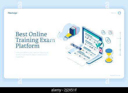 Bannière de la meilleure plate-forme d'examen de formation en ligne. Concept d'apprentissage sur Internet, accès numérique à l'examen. Illustration isométrique vectorielle d'un ordinateur portable avec c Illustration de Vecteur
