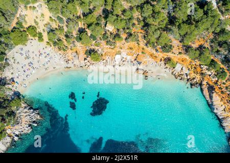 Vue aérienne de Cala Saladeta, îles d'Ibiza, Espagne Banque D'Images