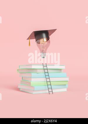 3d illustration de tas de manuels pour étudier avec l'échelle menant à l'ampoule lumineuse dans le chapeau de graduation sur fond rose Banque D'Images