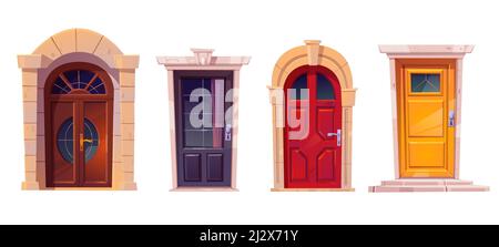 Portes avant en bois avec cadre en pierre isolé sur fond blanc. Ensemble de dessins animés vectoriels d'entrée de maison, portes fermées rouges, brunes et jaunes avec boutons Illustration de Vecteur