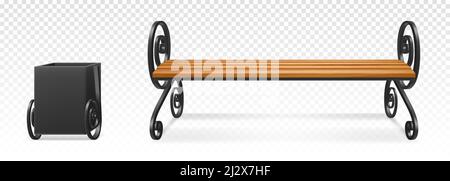 Banc en bois et poubelle métallique pour parc ou jardin isolé sur fond transparent. Ensemble de meubles d'extérieur Vector Realistic pour siège, banquette de Illustration de Vecteur