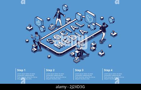 Concept d'infographie isométrique sur les réseaux sociaux avec de minuscules personnages utilisant des gadgets, travaillant sur ordinateur, communiquer et discuter sur les réseaux Internet arou Illustration de Vecteur
