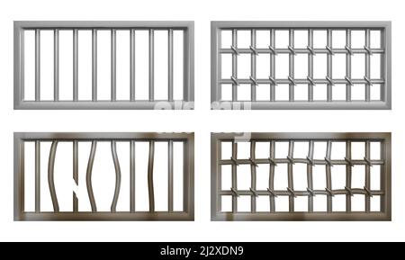 Fenêtre de prison avec barres métalliques et grille. Ensemble vectoriel réaliste de grille de fenêtre de tiges en acier dans la cage de prison. Vieilles grilles rouillées et cassées pour cellule de prison Illustration de Vecteur