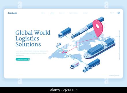 Page d'accueil isométrique des solutions logistiques mondiales. Service de la compagnie de livraison de transport, importation de fret exportation par navire, camion, camionnette, scooter, train. Terrain W Illustration de Vecteur