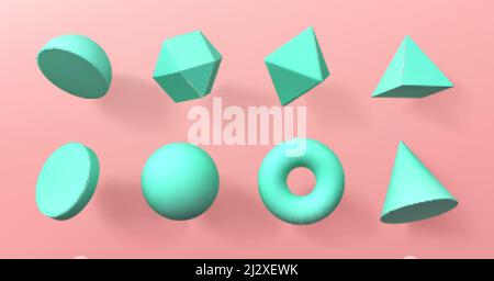 Formes géométriques 3d de l'hémisphère, octaèdre, sphère et tore, cône, cylindre et pyramide avec icosaèdre. Figures de la géométrie volumique de base pour l'educa Illustration de Vecteur