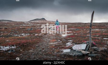 Une femme fait des randonnées sur le sentier de randonnée de Kungsleden jusqu'au sommet Pieljekaise dans le parc national du même nom en automne en Laponie en Suède Banque D'Images