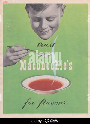 Publicité sur papier vintage annonce publicitaire de soupes de Maconochies potages 1940s 40 english Picture post Banque D'Images