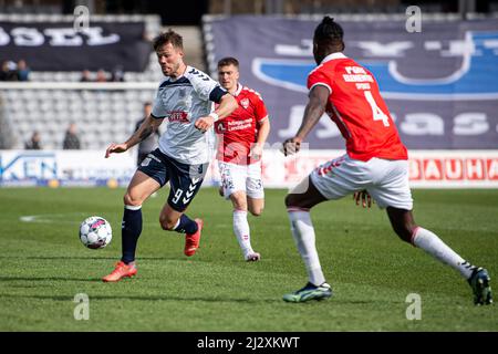 Aarhus, Danemark. 03rd, avril 2022. Patrick Mortensen (9) de l'AGF vu lors du match Superliga de 3F entre Aarhus GF et Vejle Boldklub au parc Ceres d'Aarhus. (Crédit photo: Gonzales photo - Morten Kjaer). Banque D'Images