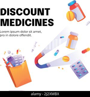 Affiche de dessin animé de médicaments d'escompte avec aimant attirer des médicaments, des seringues et des pilules médicales dans des bouteilles, des ampoules et des cloques. Rabais sur les prix, santé c Illustration de Vecteur