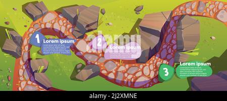 Infographies avec vue sur le dessus de la route et étapes ligne de temps, chemin courbe, sentier rocailleux avec galets, herbe verte et rochers le long, paysage pittoresque de la vallée, Illustration de Vecteur