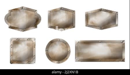 Vieux panneaux métalliques différentes formes, planches rouillées avec cadre en acier et vis. Ensemble vectoriel réaliste de panneaux de signalisation en fer blanc, bannières publicitaires avec ri Illustration de Vecteur