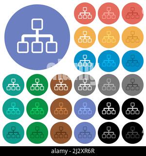 Contour réseau icônes plates multicolores sur arrière-plans ronds. Inclut des variantes d'icônes blanches, claires et sombres pour les effets de survol et d'état actif, et Illustration de Vecteur