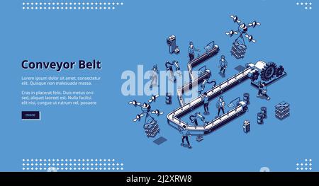 Page de renvoi isométrique du tapis roulant, flux de travail intelligent en usine. Les mains des hommes et des robots travaillent sur la ligne d'assemblage, les drones livrent la production. Automatisation pro Illustration de Vecteur