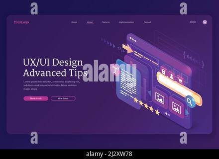 UI ux design Advanced Tips page de renvoi isométrique. Expérience utilisateur, disposition adaptative de téléphone mobile, plateforme de site Web à l'écran. Gadget logiciel Illustration de Vecteur