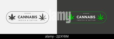 Modèle d'emblème Vector avec chanvre biologique sbd et thc sur fond blanc et noir. Médical indica et sativa icônes design. Logo graphique vert Illustration de Vecteur