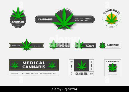 Ensemble de logos vectoriels de chanvre biologique sbd et thc sur fond blanc. Modèle d'étiquette graphique avec feuille verte de marijuana. Conception des badges et du système de mise en place Illustration de Vecteur