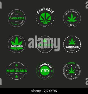 Motif vectoriel avec feuille de marijuana. Modèle d'icônes et d'emblèmes de médecine vert indica et sativa dans un cercle. Logos graphiques avec cann organique Illustration de Vecteur