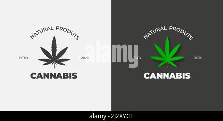 Étiquette graphique avec une feuille de cannabis verte sur fond blanc et noir. Modèle de logo Vector avec CBD et thc de chanvre biologique. Emblème médical Sativa Illustration de Vecteur