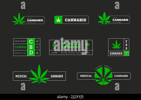 Autocollants vectoriels verts avec indica et sativa. Logo graphique avec feuille de marijuana. Modèle d'icône et d'emblème avec sbd de cannabis et tgc dans des assiettes Illustration de Vecteur