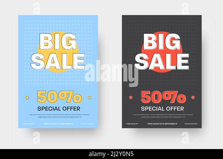 Modèle d'affiche Vector avec offre spéciale, remise de 50 % et grande vente, présentation d'une bannière bleue et noire avec cercle jaune et rouge. Mise en page de la circulaire avec Illustration de Vecteur