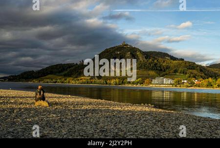 Le Rhin à Drachenfels au coucher du soleil en automne, Siebengebirge, Rhein-Sieg-Kreis, Rhénanie-du-Nord-Westphalie, Allemagne Banque D'Images