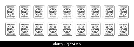 Symbole ISO certifié. Normalisation dans le domaine de la sécurité de l'information, des systèmes de gestion de la qualité, ainsi que de la protection du travail et autres. Ensemble d'icônes linéaires. Illustration vectorielle. Illustration de Vecteur