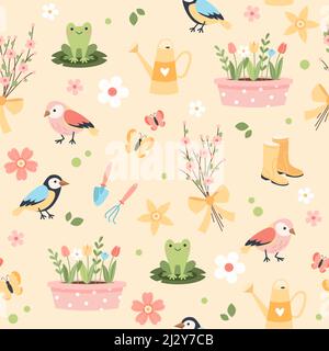 Motif de fleurs de printemps - tulipes, oiseaux et papillons, outils de jardinage. Illustration vectorielle de style dessin animé plat Illustration de Vecteur