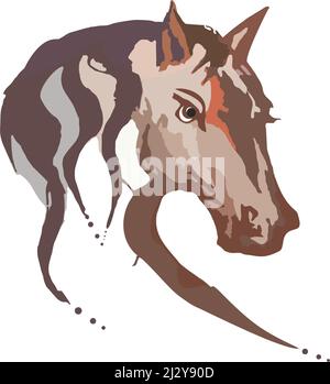 Symbole de tête de cheval sur fond blanc pour emblèmes ou imprimés. Tête d'étalon gris-brun pour les produits en tissu, les emblèmes sportifs, les tendances de la mode, les textiles Banque D'Images