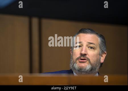 Washington, États-Unis. 04th avril 2022. Le sénateur Ted Cruz, R-TX, parle lors d'une audience de la Commission judiciaire du Sénat sur la nomination du juge Ketanji Brown Jackson à la Cour suprême des États-Unis au Capitole des États-Unis à Washington, DC, le lundi 4 avril 2022. Si les votes du comité sont liés, le leader de la majorité au Sénat, Chuck Schumer, de New York, déferait une motion pour porter la nomination à la parole du Sénat. Photo de Bonnie Cash/UPI Credit: UPI/Alay Live News Banque D'Images