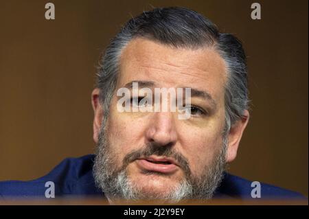 Washington, États-Unis. 04th avril 2022. Le sénateur Ted Cruz, R-TX, parle lors d'une audience de la Commission judiciaire du Sénat sur la nomination du juge Ketanji Brown Jackson à la Cour suprême des États-Unis au Capitole des États-Unis à Washington, DC, le lundi 4 avril 2022. Si les votes du comité sont liés, le leader de la majorité au Sénat, Chuck Schumer, de New York, déferait une motion pour porter la nomination à la parole du Sénat. Photo de Bonnie Cash/UPI Credit: UPI/Alay Live News Banque D'Images