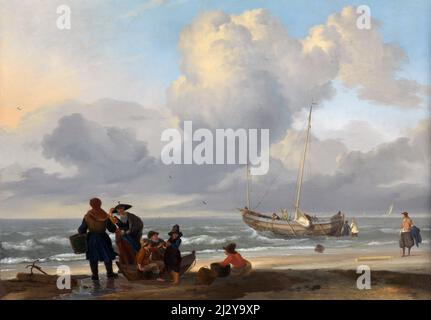 Une scène de plage avec des pêcheurs par l'artiste néerlandais Ludolf Backhuysen (Ludolf Bakhuizen : 1631-1708), huile sur chêne, 1665 Banque D'Images