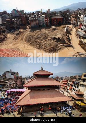 Katmandou, Bagmati, Népal. 4th avril 2022. La photo combinée montre des décombres sur le site détruit de Kastamandap le 3 mai 2015 (en haut) et la vue de Kastamandap restauré le 4 avril 2022 (en bas) sur la place Hanumandhoka Durbar à Katmandou, au Népal. Le monument historique Kastamandap est ouvert au public après sa restauration lundi, qui a été gravement endommagé par le tremblement de terre de 2015. (Image de crédit : © Sunil Sharma/ZUMA Press Wire) Banque D'Images