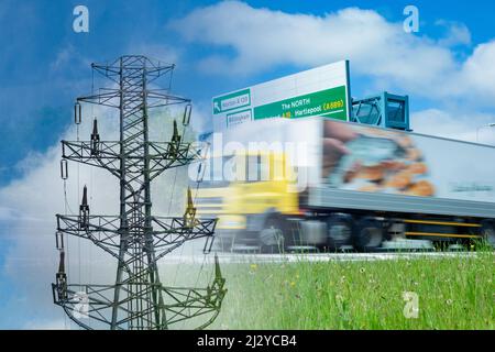 Pylône électrique et camion HGV./camion sur route à deux voies au Royaume-Uni. Hausse de l'énergie, prix des carburants, crise du coût de la vie, pénurie de conducteurs, inflation. Concept Banque D'Images