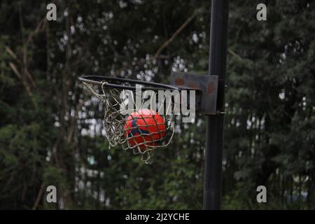Le basket-ball entre dans le panier. Banque D'Images