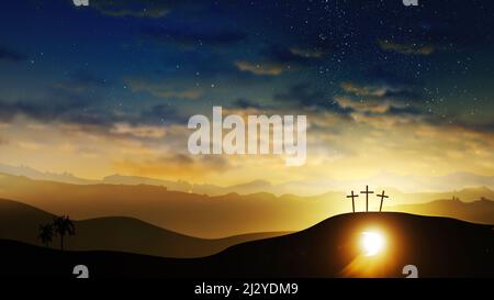 Trois croix sur la colline et la tombe de Jésus avec des nuages se déplaçant sur le ciel étoilé. Pâques, résurrection, nouvelle vie, concept de rédemption. Banque D'Images