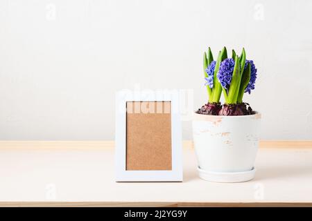Fleurs en jacinthe bleu en pot et cadre photo sur une table en bois. Banque D'Images
