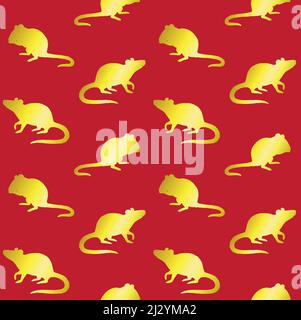 Motif vectoriel sans couture de la silhouette de rat de souris dorée scintillante isolée sur fond rouge. Illustration du nouvel an chinois 2020 Illustration de Vecteur