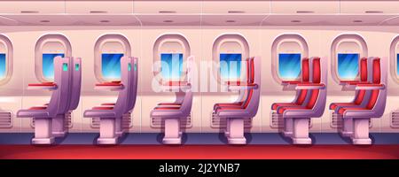 Intérieur d'avion vide de dessin animé avec fenêtres d'avion et sièges de passager rouges dans la rangée. Cabine d'avion de classe économique, vue intérieure avec chaises et prises d'air. Fauteuils de salon d'avion pour voyage en jet. Illustration de Vecteur