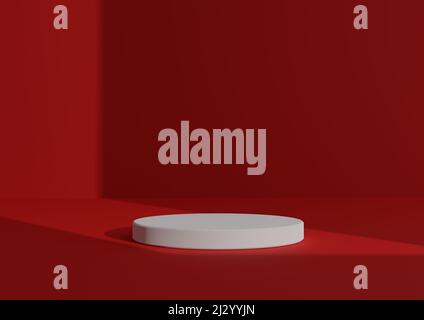 Composition de rendu simple et minimale de 3D avec un Podium cylindrique blanc ou un fond rouge néon ombré pour l'éclairage de la fenêtre d'affichage du produit Banque D'Images