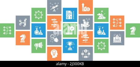 Lancez la bannière Web plate. Gestion du temps, génération d'idées, icônes de ligne de présentation isolées sur fond blanc. Illustration de Vecteur